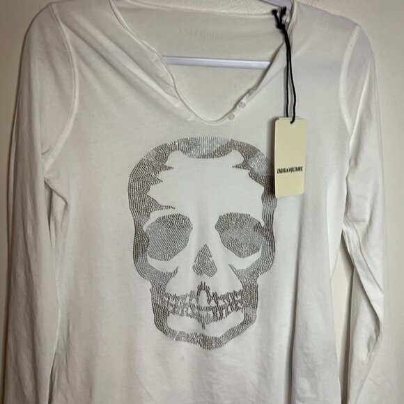 ZADIG & VOLTAIRE Tunisien Tee Top Henley White Rhinestone Skull LS Size S - Picture 4 of 7